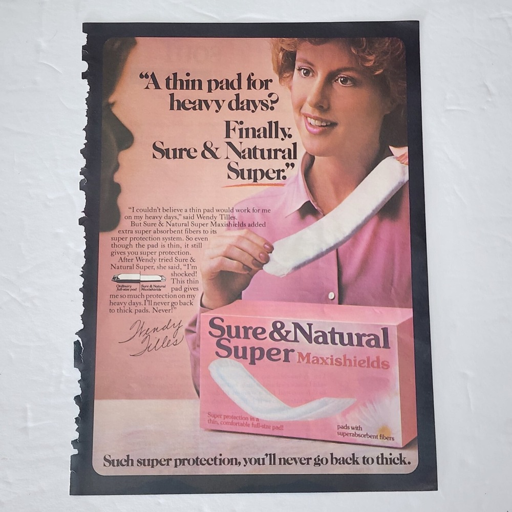 Vtg Print Ad Wendy Tilles Sure & Natural Super Maxishields pads clipping 1984